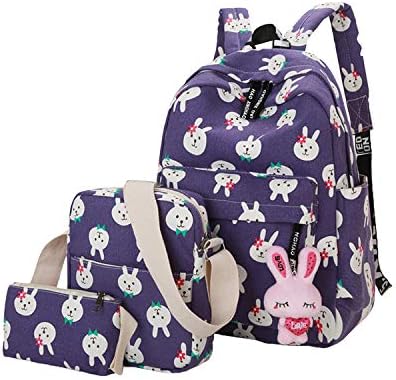 ABage Canvas Backpack Set 3 Pieces Patterned Bookbag Laptop School Backpack, Purple2