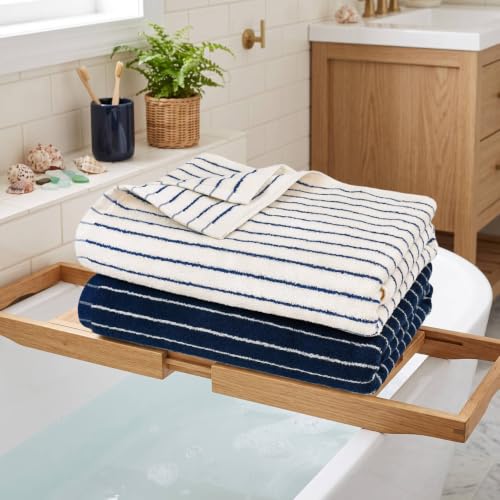 Image of Navy Blue Bath Towels Set of 2, Striped Towels for Bathroom, Pool & Shower