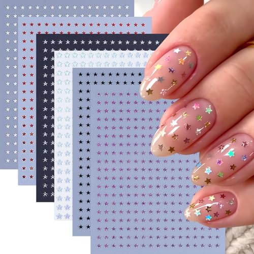 6 Sheets Star Nail Stickers 3D Self-Adhesive Celestial Nail Stickers Shiny Stars Glitters Nail Decals Black White Red Purple Laser Silver Stars Gold Starlight Nails Design for Women Nails Decoration