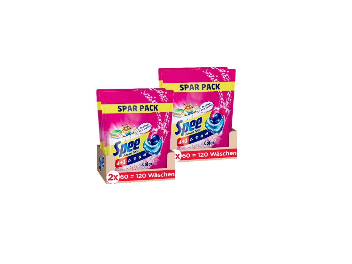 Spee Power Caps Color 4 + 1, 240 WL (2 x 120 Waschladungen), Colorwaschmittel für Buntwäsche & Dunkles, vordosiertes Waschmittel vereint Reinheit, Strahlkraft, Frische & Nachhaltigkeit
