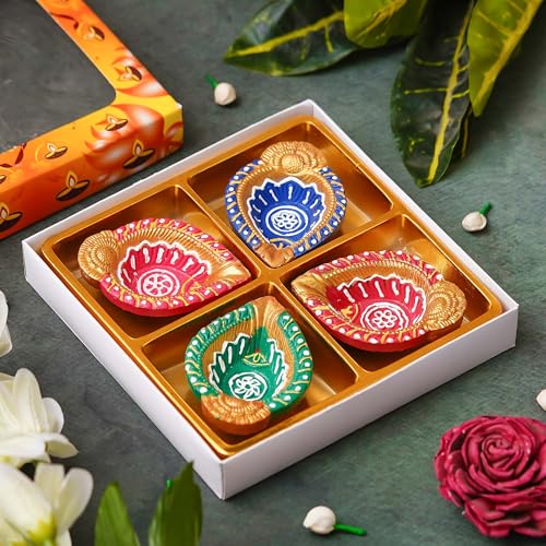 Image of eCraftIndia Set of 4 Multicolor Decorative Clay Diyas Terracotta Deepam Oil Lamps, Mitti Diya for Diwali, Lakshmi Puja, Navratri, Ganesh Chaturthi - Diwali Decoration Items for Home Decor