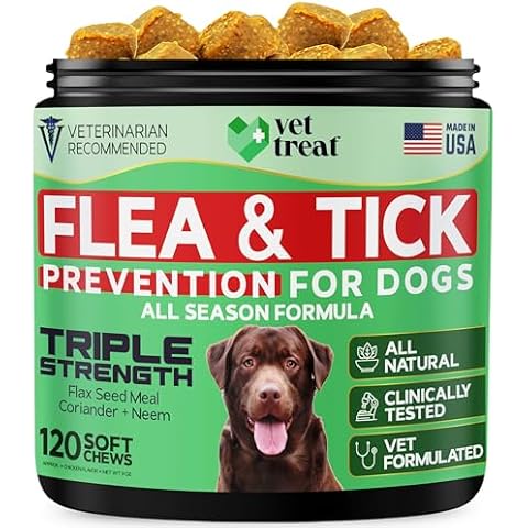 Flea and Tick Prevention for Dogs Chewables -Made in USA- Natural Dog Flea and Tick Treatment - Oral Flea Pills - Vet Recommended Flea and Tick Chews - All Breeds & Sizes - 120 Soft Treats (Chicken) Cover