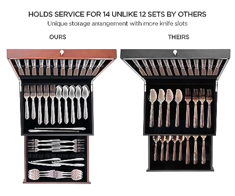 Silverware Storage Box Silverware Chest Case for Silver Flatware with Lid Tarnish Proof Felt Lined Partition and Drawer Holds Service for 14 Includes Polishing Cloth