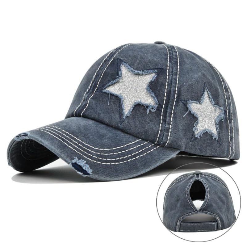Image of Washed Scratch Frayed Baseball Cap Retro Adjustable with Five-Pointed Stars for Men Women Trucker Cap Unisex