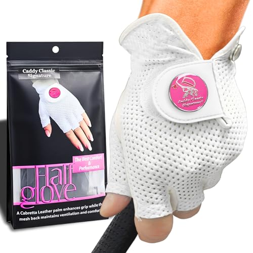 Caddy Classic Ladies Golf Glove Women | Half Finger Mesh Design For High Breathability | Premium Leather Uction For Comfortable Fit | Includes Stylish Ball Marker