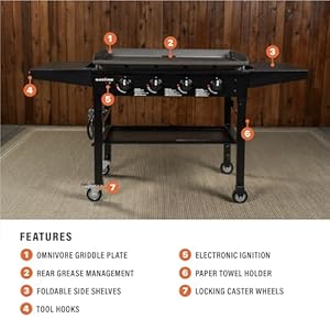 Blackstone 1554 36” Omnivore Griddle with Folding Side Shelves, Powder Coated Steel, Black Blackstone 1554 36 Omnivore Griddle with Folding Side Shelves Powder Coated Steel Black