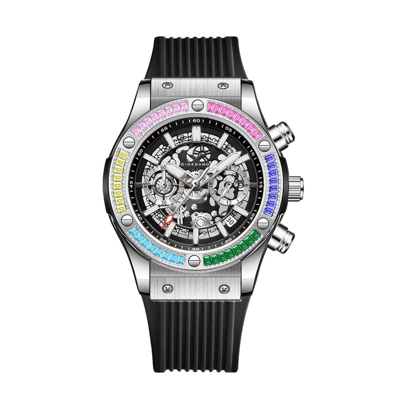 Multi-Function Watch for Men | Rainbow Crystal Bezel | Skeleton Dial | Black Sillicon Strap-image-40