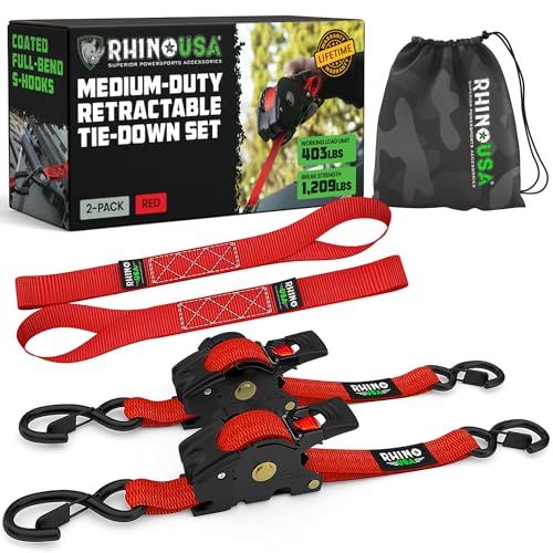 Rhino USA Retractable Ratchet Straps (2-Pack) - 1 Inch x 10 Feet (1,209lb Break Strength) - Auto Self Retracting Tie Down Straps for Truck, Cargo Trailer, Motorcycle, ATV, UTV - Red