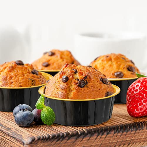 100 Pcs Disposable Ramekins 8 Oz Aluminum Foil Cups With Lids Aluminum Creme Brulee Ramekins Foil Cupcake Liners For Baking Disposable Muffin Tins Pans Cheesecake Containers For Party (Black, Gold) #TOP6