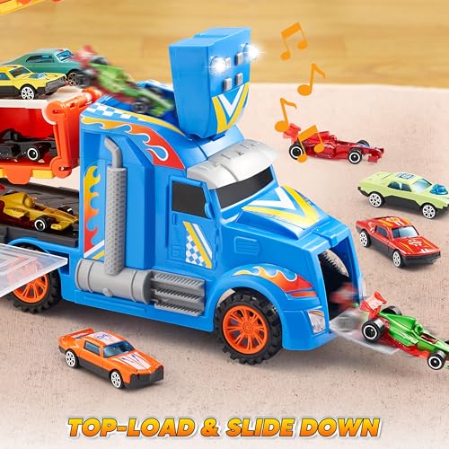 JOYIN Transporter Truck Spielzeugautos für Jungen ab 3 4 5 6-12 Leichtmetall Rennautos mit 2 Werfern… – Ansicht 5
