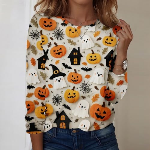 Halloween Shirts for Women Long Sleeve Plus Size Fashion Crewneck Comfortable Tshirts Halloween Costumes for Women