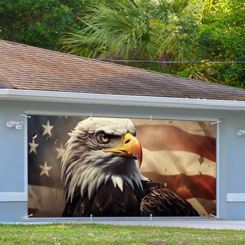 Image of 13x6 ft American Bald Eagle Flag Garage Door Banner - Patriotic Eagle with Stars and Stripes Backdrop, Hanging Garage Decor - for 4th of July Independence Day Decor, USA Pride Outdoor Wall Art