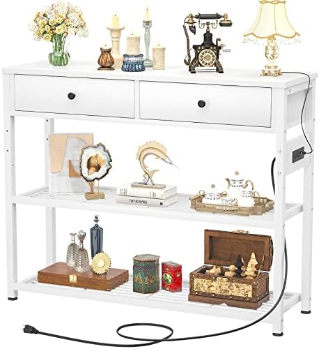 Ecoprsio Entryway Table with Outlets and USB Ports, Console Table with 2 Drawers, Small Sofa Table with Storage Shelves for Living Room, Couch, Hallway, Foyer, Kitchen Counter, 32'', White