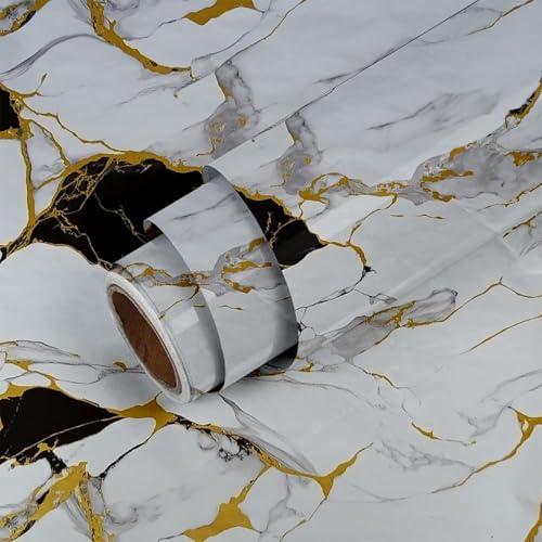 Image of VOLITO Self Adhesive Marble Wallpaper Kitchen Wallpaper Oil Proof & Waterproof Wallpaper for Cabinet Makeover, Almirah, Plastic & Tabletop, Wardrobe (60x200cm) (V-New White Black Gold)