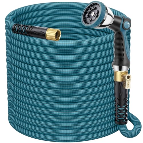FlexiSolve Garden Hose 150 ft Non-Expandable Lightweight Water Hose 360 Swivel Anti-Kink Fittings 10-Pattern Spray Nozzle & Shut-Off Valve Flexible Water Hose for Yard Lawn Car Wash Blue