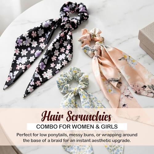 Image of GLUN Satin Bow Scrunchies Set of 3 (1 Pcs Each Design), Silk Hair Scrunchies with Long Ribbon Bows for Women & Girls, Soft Elastic Ponytail Holders, Floral Hair Ties for Daily Wear, Parties & Gifts