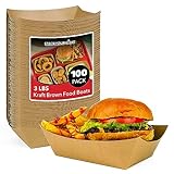100 Pack 3-Lb Brown Kraft Paper Food Trays, Extra Large Disposable Concession Tray, Serving Boats for Party Snacks, Taco Bar, Seafood, Nachos Plates, BBQ carneval picnic birthday party