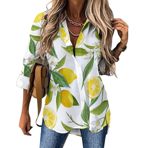 Qjjinxior Damen-Bluse Zitronengelb mit Blumen und Blättern langärmelig Hemd mit Knopfleiste für Arbeit Party Zitrone mit Blumen und Blättern M