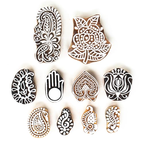 Image of Wooden Stamp Block, Printing Stamp Design Set | Block for Printing Saree Border | Dresses, Craft Card Making, Scrapbook, Clay Pottery | Set of 10