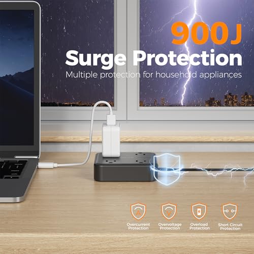Surge Protector Flat Extension Cord 5FT, TESSAN Flat Plug Power Strip with 4 Outlets 3 USB C Ports (1 USB C), 900 Joules Protection, Multiple Wall Outlet Extender Suitable for Home Office Dorm, Black - Image 3