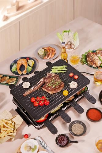 Indoor Grill Smokeless Korean BBQ Grill 2 IN 1 Griddle Electric Grill Raclette Table Grill Kitchen Appliances with 8 Mini Grill Cheese Pans Christmas Gift Removable Non-Stick Temperature Control,1300W