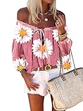 Minetom Bluse Damen Schulterfrei Langarm Freizeit Party Strand Lose Tops Shirt Bluse Boho Blumen Oberteil Langarmshirt Tunika Hemdbluse A Rosa XXL