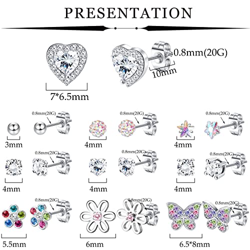 YADOCA 10 Pairs Hypoallergenic Surgical Steel Stud Earrings for Women Girls CZ Heart Butterfly Flower Stud Earrings Set2