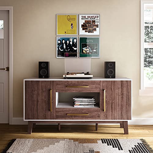 Belleze Mid-Century Modern Side Table With Two Drawers And Enclosed Cabinets, Sideboard Buffet Table For Kitchen, Living Room, Or Hallway - Tristan (Dark Walnut) #TOP1