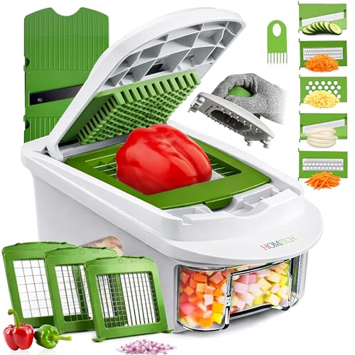 HOMITCH Vegetable Chopper 8 in 1 Veg Chopper and Dicer Stainless Steel Blades Onion Dicer Julienne Cutter Vegetable Slicer Cheese Grater Safety Glove Multifunctional Vegetable Cutter-1.2L Container