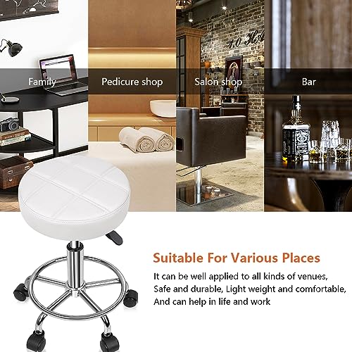 Image of KKTONER Round Rolling Stool Chair PU Leather Height Adjustable Swivel Drafting Work SPA Shop Medical Salon Stools with Wheels Office Chair Small (White)
