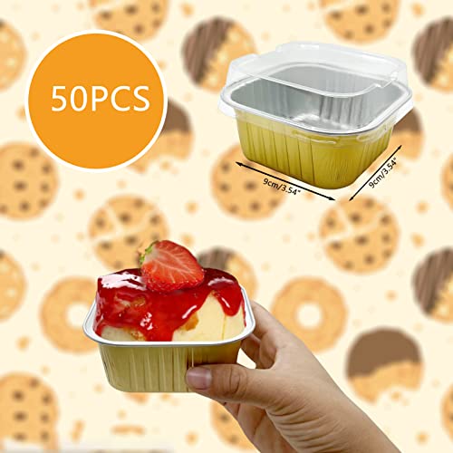 50 Pcs Aluminum Foil Mini Square Baking Cups With Lids,5Oz Disposable Ramekins Cake Pans,Cupcake Baking Cups Containers For Bread Muffin Brownie Cheesecake,Gold #TOP1