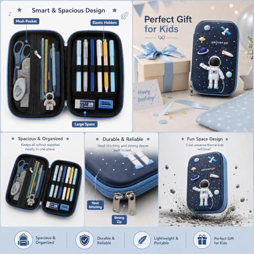 Image of Goyal's Space Astronaut 3D EVA Hard Shell Pencil Pouch for Girls, Double Layer Geometry Box & Pencil Case, Large Capacity Waterproof Stationery Organizer with Zipper for Kids School Students