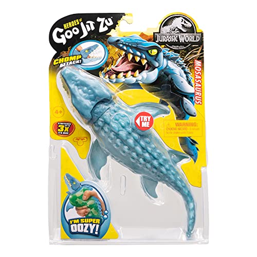 heroes of goo jit zu jurassic world hero pack mosasaurus 4534 long - stretchy squishy dinosaur figure with chomp attack action and unique goo filling