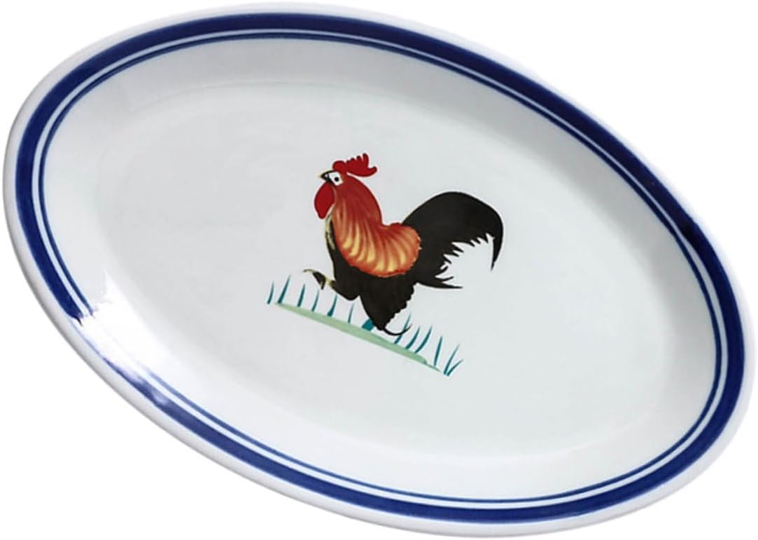 Vintage Oval Ceramic Plate Retro Rooster Design for Home Tableware and Restaurant Snack Serving Smooth Edge Oval Dish for Pasta Salad Sushi and Hot Pot