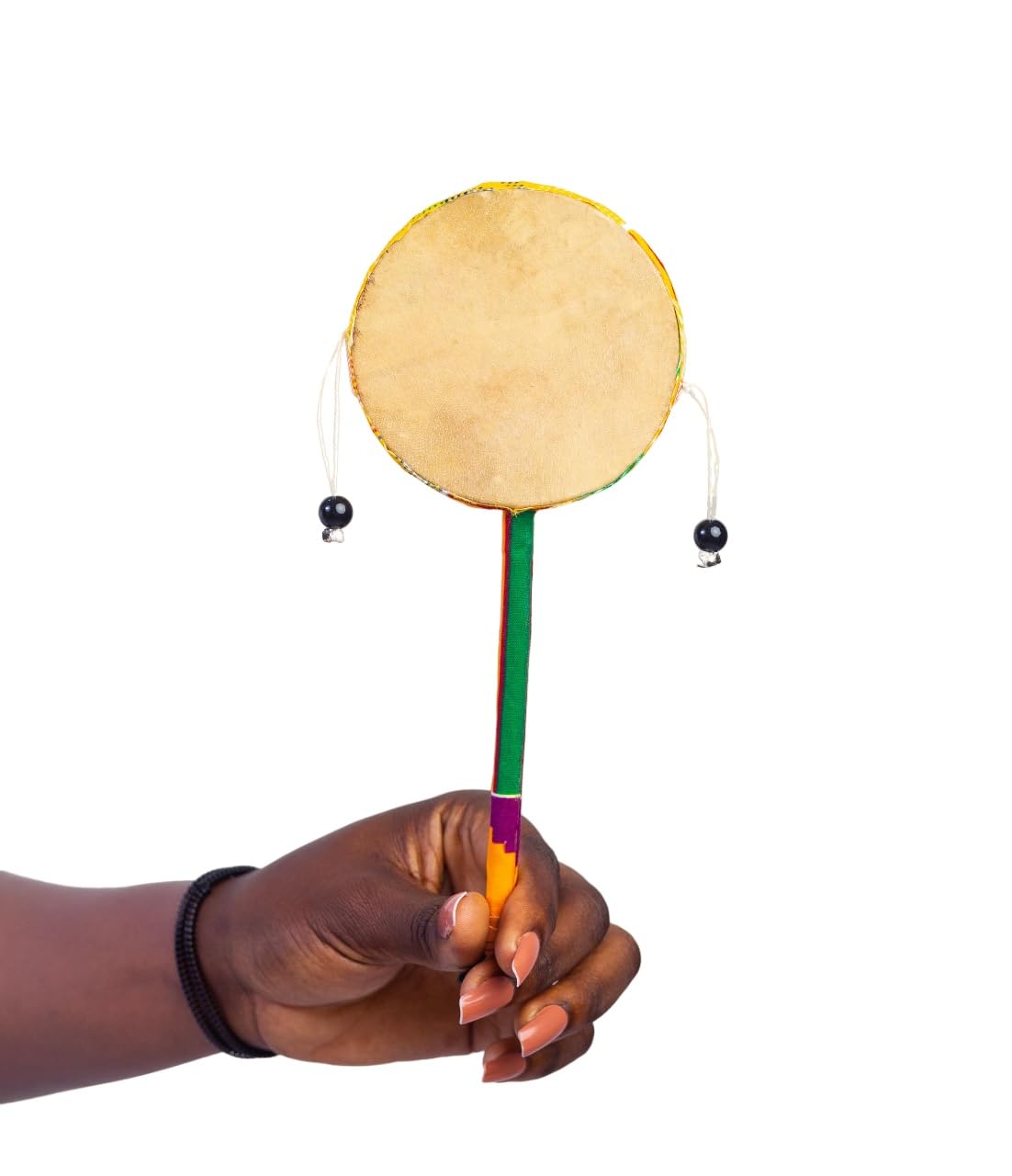 Handcrafted In Ghana Shake Rattle Hand Bell Drum African Kente Fabric Covered Traditional Percussion Musical Instrument (10.5 inches)