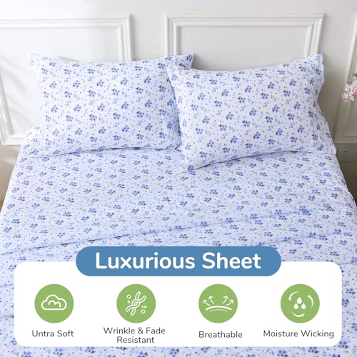 Image of MUXHOMO King Size 4 Piece Sheet Set, Soft & Breathable Sheet for Bedroom with Deep Pocket Up To 16 inch, Wrinkle-Free & Cooling Bed Sheets with Flat Sheet, Fitted Sheet & Pillowcases - Shattered Bluebells