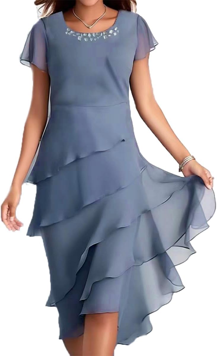 Vestidos de Vestidos de Vestir de Gasa de Gasa para Mujeres Vestidos de Novia de cócteles Elegantes Vestidos de Vestidos Longitudes de Rodilla de Manga Corta