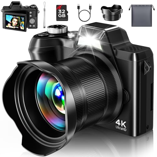 4K Digital Camera for Photography Travel, 56MP Autofocus Vlogging Camera for YouTube, 16X Zoom with 3' 180°Flip Screen & Lens Hood, 32GB Card, Gift Ideas for Teens & Beginners