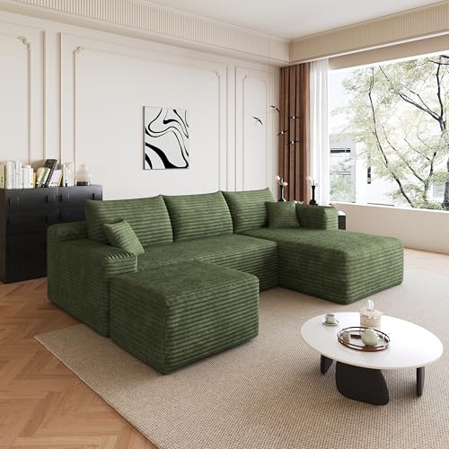 Image of 95 inch Modular Sectional Sofa with Ottoman, Modern Corduroy Cloud Couch with Deep Seat, Boneless Couch Upholstered 3-Seater U-Shaped Sofa for Living Room, No Assembly (Green,Right-Facing Chaise)