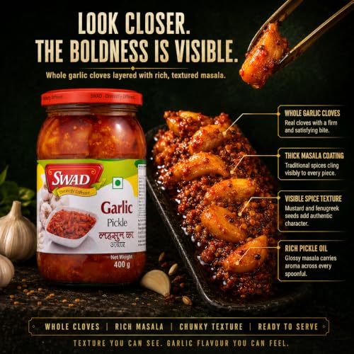 Image of SWAD Traditional Garlic Pickle Pack of 2 x 400g | Homemade Lahsun Achar | Authentic Indian Pickle | Spicy Garlic Condiment | Natural Ingredients | Ready to Eat