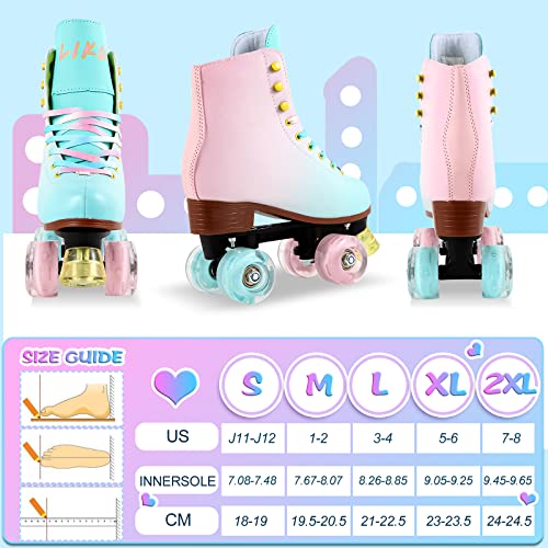 LIKU Quad Roller Skates for Girl and Women with All Wheel Light Up,Indoor/Outdoor Lace-Up Fun Illuminating Roller Skate for Kid (Pink&Blue, 5-6)