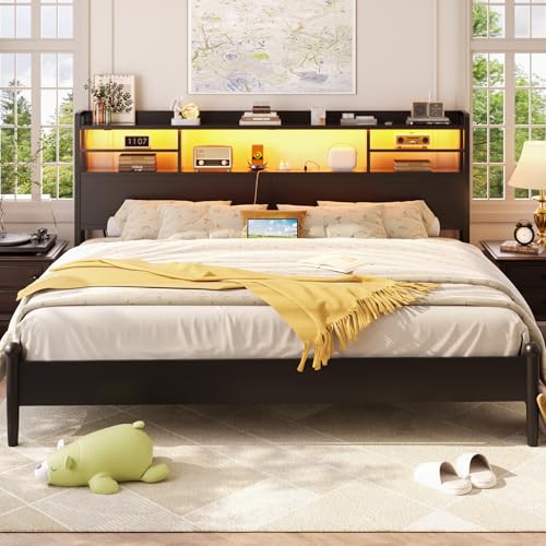 Image of Aheaplus Headboard for Queen Size Bed with Storage, Rustic Brown | Headboards with LED Light, Power Outlets, USB Ports Queen Size Head Board, Wood headboard Only Sturdy and Stable Headboards