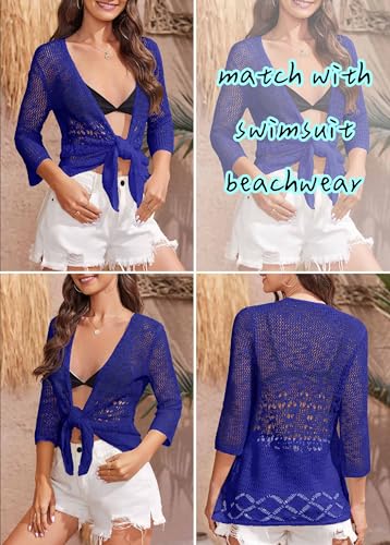 Image of Nulibenna Womens Sheer Shrug Sweaters 3 /4 Sleeve Open Front Tie Cardigan Bolero Jacket Lightweight Crochet Knit Cover Up Tops