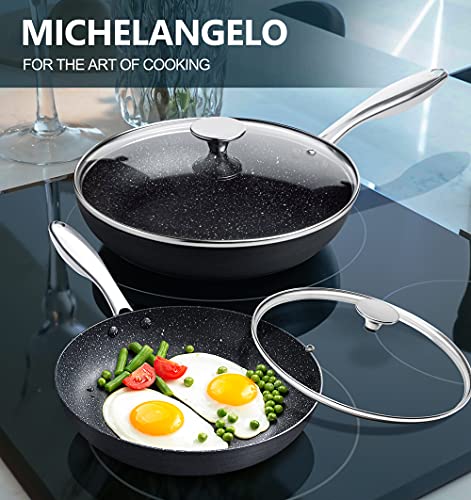Image of MICHELANGELO Hard Anodized Frying Pans with Lids, 9.5 inch & 11 inch Nonstick Skillet Set, Granite-derived Interior, 2 Pan Set