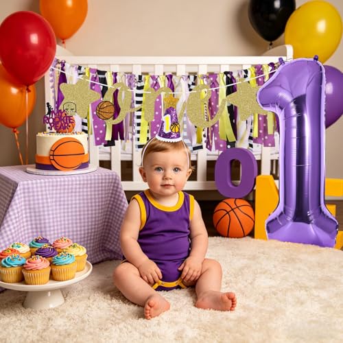 Image of Basketball Highchair Banner for First Birthday Party Decorations | My 1st Rookie Year Basketball Banner for Boys Purple Gold High Chair Fabric Banner for One Birthday Backdrop Decorations