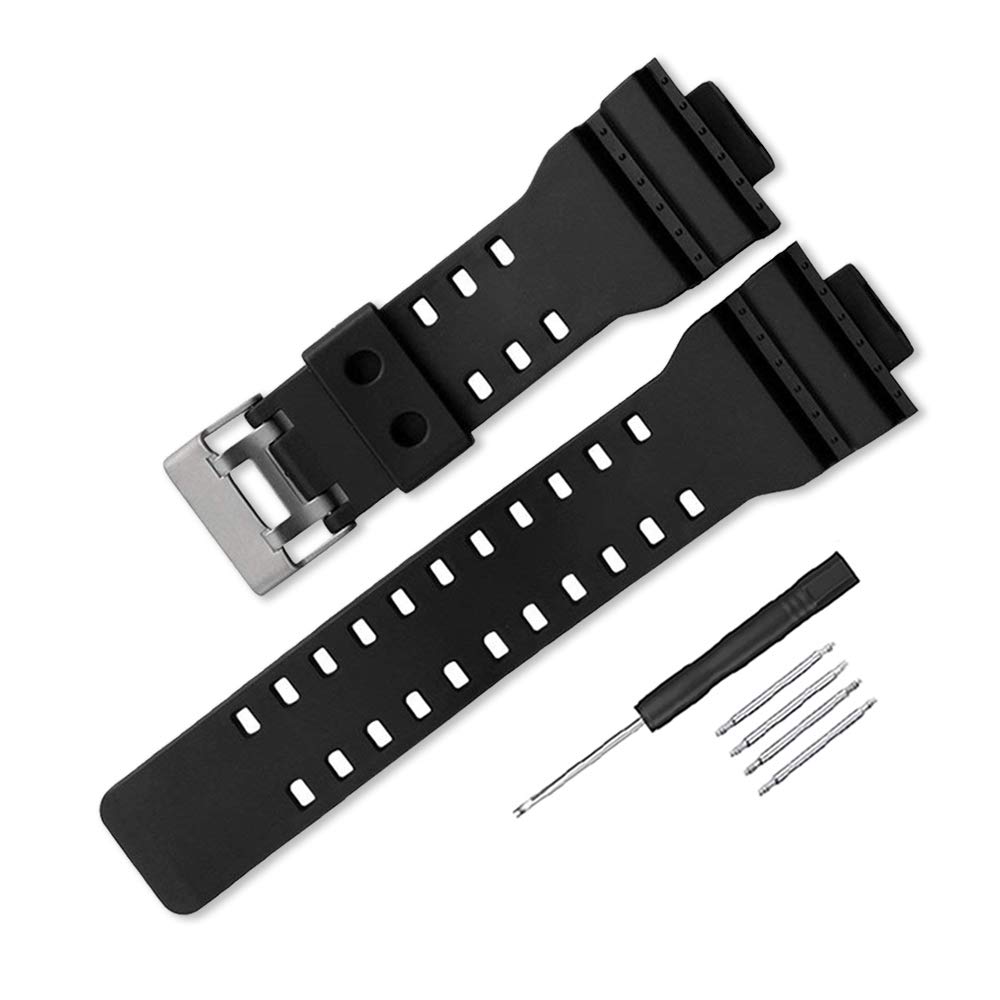 時計ベルト 取付幅16mm 純正バンド互換品 防水ストラップ カシオ G-8900A GR-8900A GW-8900A GA-110 GA-100 GD-100 GD-110 (ブラック)