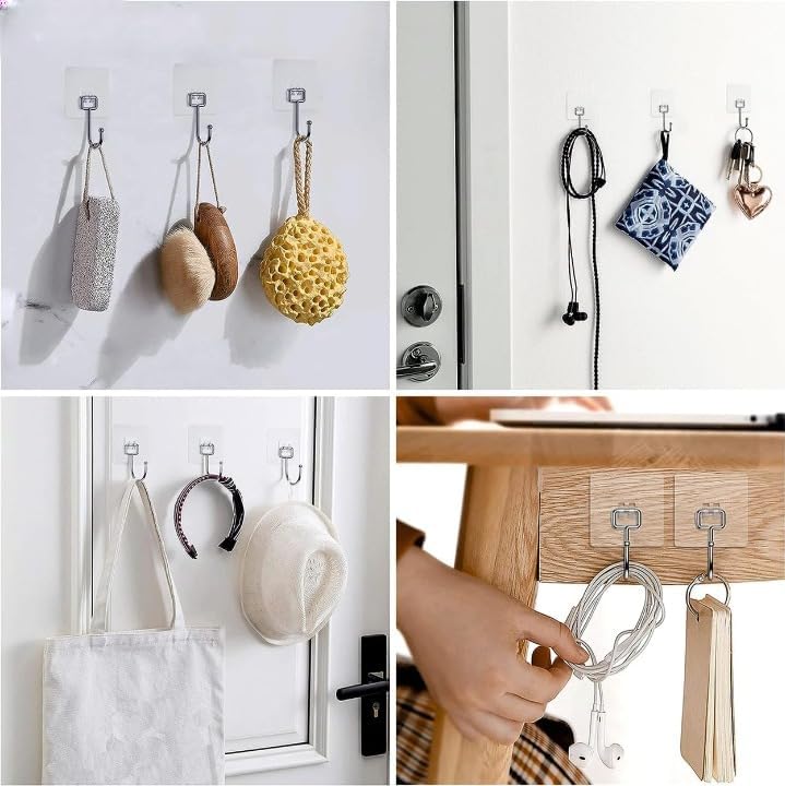 Image of Self Adhesive Heavy Duty Wall Hooks for Hanging Transparent Stainless Steel Waterproof Hooks for Kitchen, Bathroom, Home & Office (Stylish)