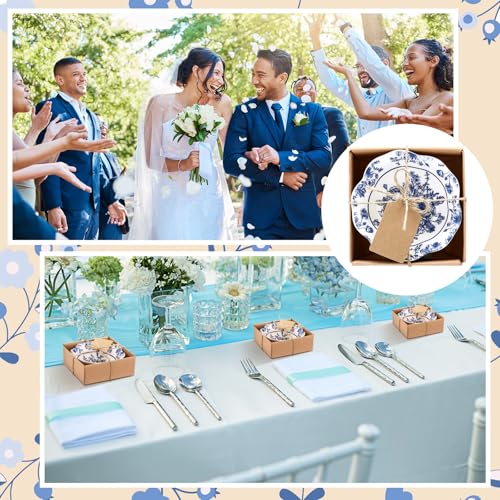 SiliFine 24 Pcs Wedding Favors for Guests Small Ceramic Bowl Bulk Gifts Set 3.3 Inch Floral Design Mini Dipping Bowl Sauce Dish with Cards Box for Bridal Baby Shower Birthday Guest Gift (Blue) - Thumbnail 4