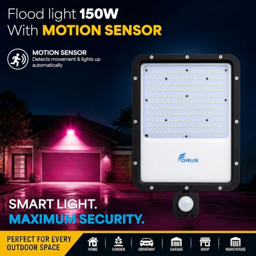 Image of Forus 150W LED Flood Light Pink with Motion Sensor Auto On Off Day Night Mode Waterproof Outdoor Security Light for Garden Parking Garage Factory Warehouse Shop High Bright Floodlight 4Yr Warranty-1Pc