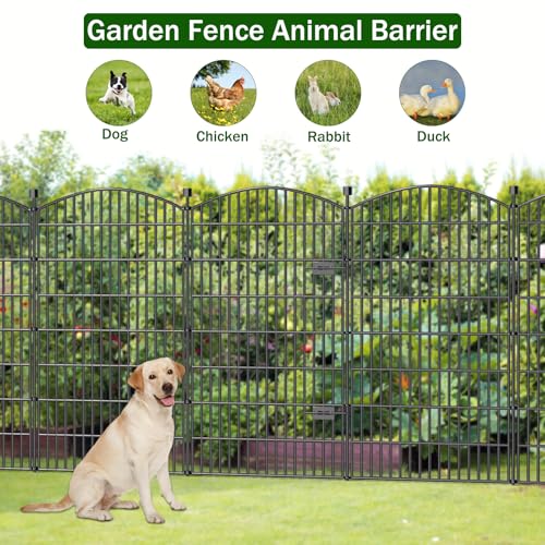 Image of 10 Panels No Dig Decorative Garden Fence with Gate - 48 in (H) x 22.6 ft (L), Dog Fence Outdoor for Yard, Rustproof Metal Animal Barrier Ground Stakes Fencing for Garden, Patio, Flower Bed